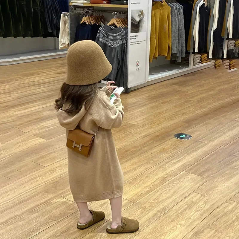 Children Clothing 2024 Autumn Winter Girls Knit Dress Korea Style New Fashionable Casual Loose Hooded Sweater Dress for Girls