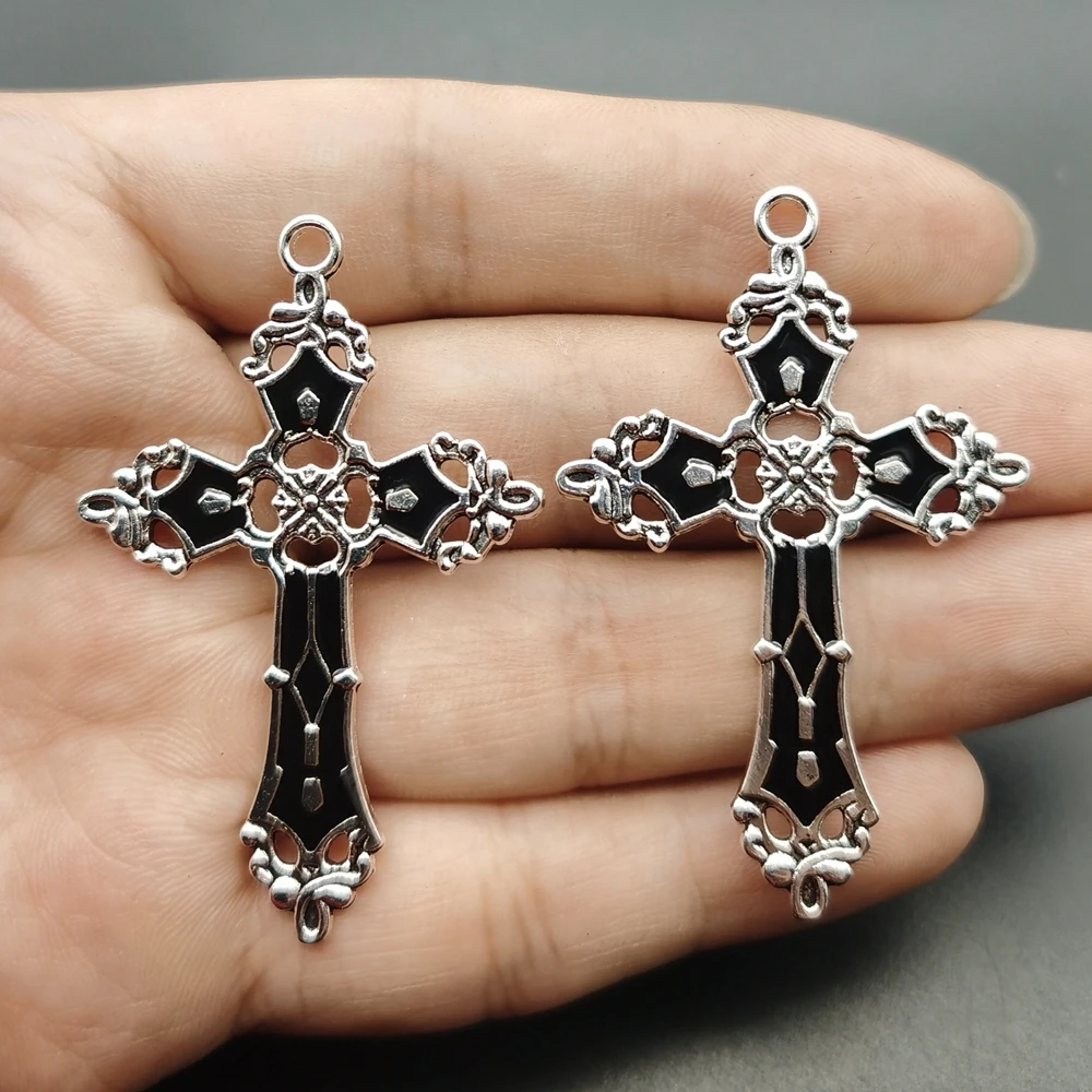 5pcs 55x35mm Gothic Cross Silver Dripping Oil Alloy Tibetan Pendants Earring Antique Jewelry Making DIY Handmade Accessories