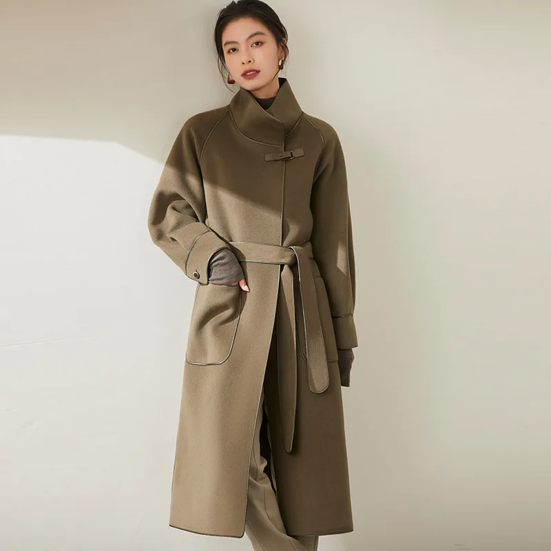 

Autumn 100% Wool Long Coat Women Lapel Black Loose Lace-up Casual Temperament Caramel Coat 2022 New Winter Green Gray Coat