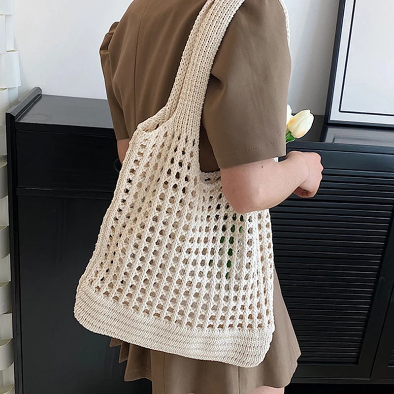 Handmade Knitted Women's Large Capacity Purse and Handbags Fashion Hollow Mesh Shoulder Bag Summer Beach Bags Shopper Totes