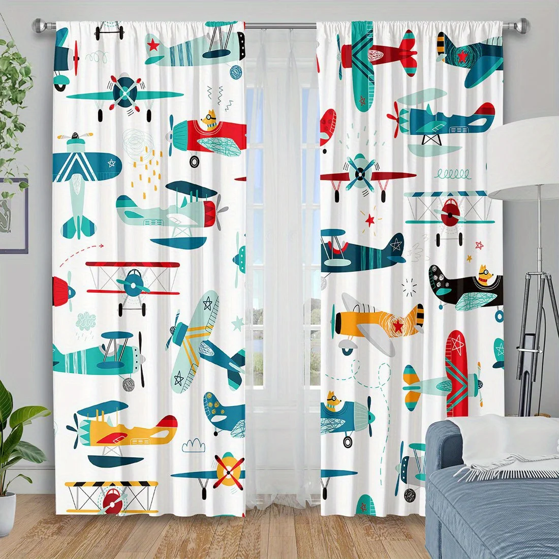 Colorful airplane-themed curtains with rod pocket design, easy to hang, suitable for bedroom, living room and office decoration