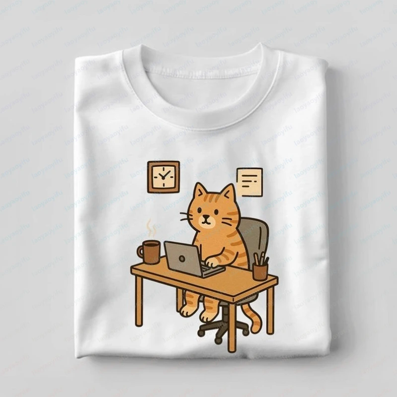Cat Working Art Cute Office Cat Graphic T Shirts Feline Office Humor Style Cotton Short-sleeve Tees Summer Clothes for Women Men