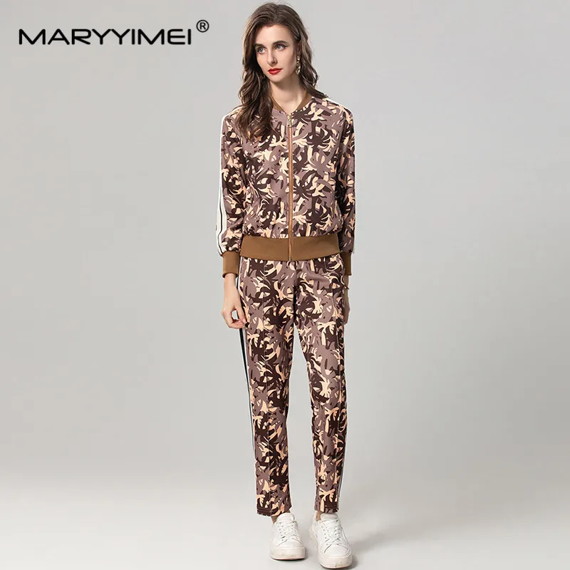 MARYYIMEI New Style Women\'s Suit Autumn and Winter Stand Collar Long Sleeved Tops+Pencil pants Unique printed 2 piece set