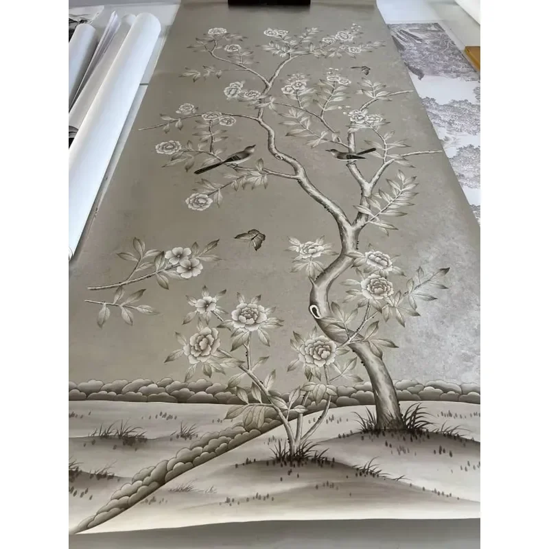 Hand-Painted Silk Wallpaper Floral Pattern Wallcovering Classic High-end Custom Wall Murals for Living Room and Hotel