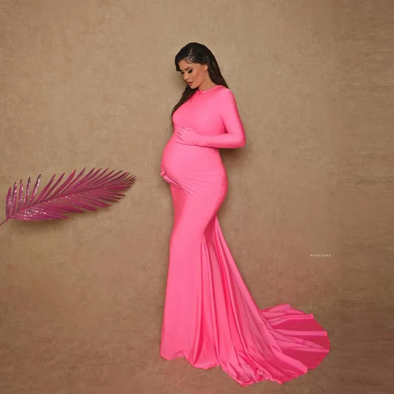 

Simple Hot Pink O-Neck Full Sleeve Long Mermaid Maternity Gowns Sweep Train Sexy Stretchy Spandex Party Dresses Without Gloves