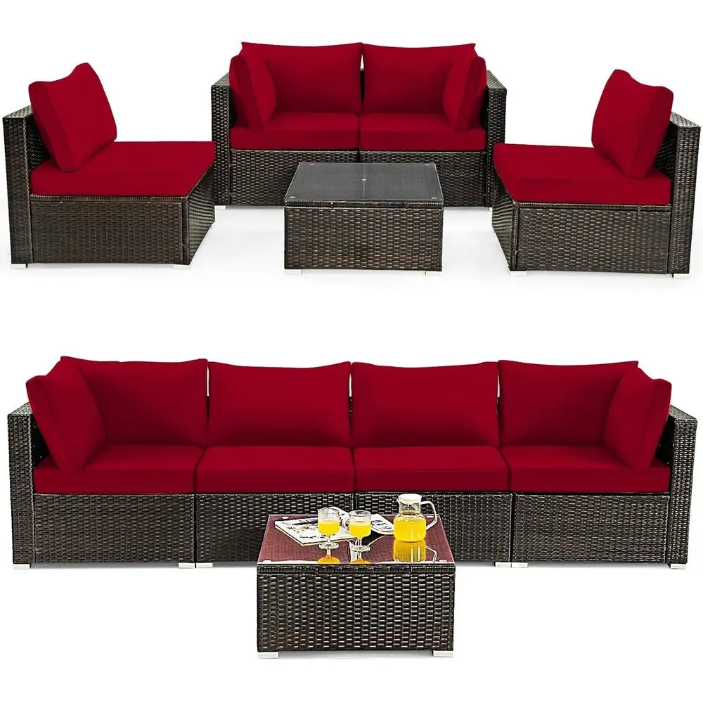 

5-Piece Outdoor L-Shaped Rattan Sofa Set with Cushions, Red, Ideal for Patio, Garden, and Poolside