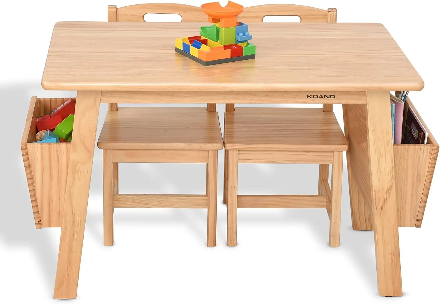 Massief houten kindertafel en 2-stoelenset met opbergbureau en stoelenset voor kinderen, peuteractiviteitentafel (massief hout/natuur)