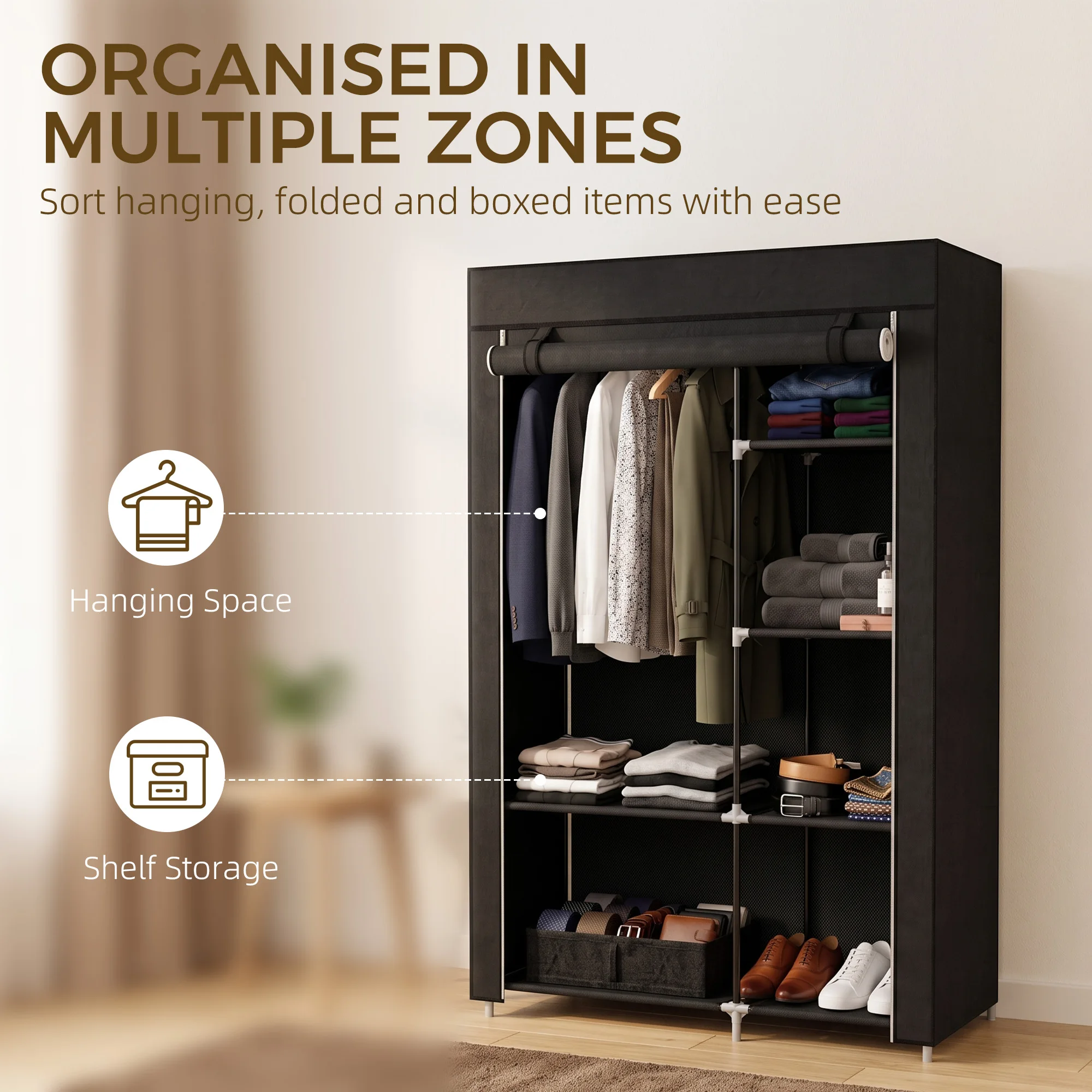 HOMCOM Fabric Wardrobe w/ Shelves Hanging Rail Foldable Closets