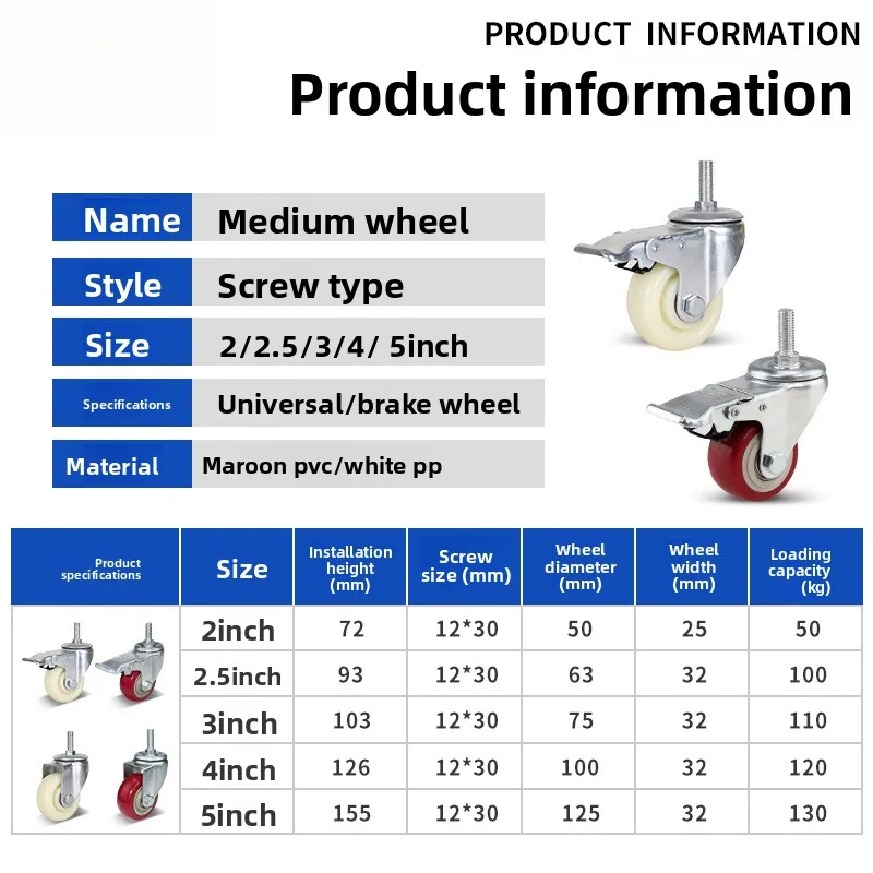 3/4/5 Inch Medium‑Duty Smooth Mute Fixed & Swivel Caster Roller Trolley Shelf Furniture Office Chair