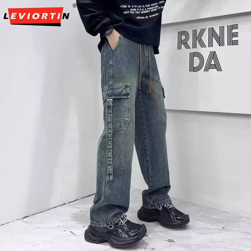 

High Street Washed Jeans For Men American Workwear Loose Fitting Drawstring Denim Trousers Couple Style Straight Leg Denim Pants