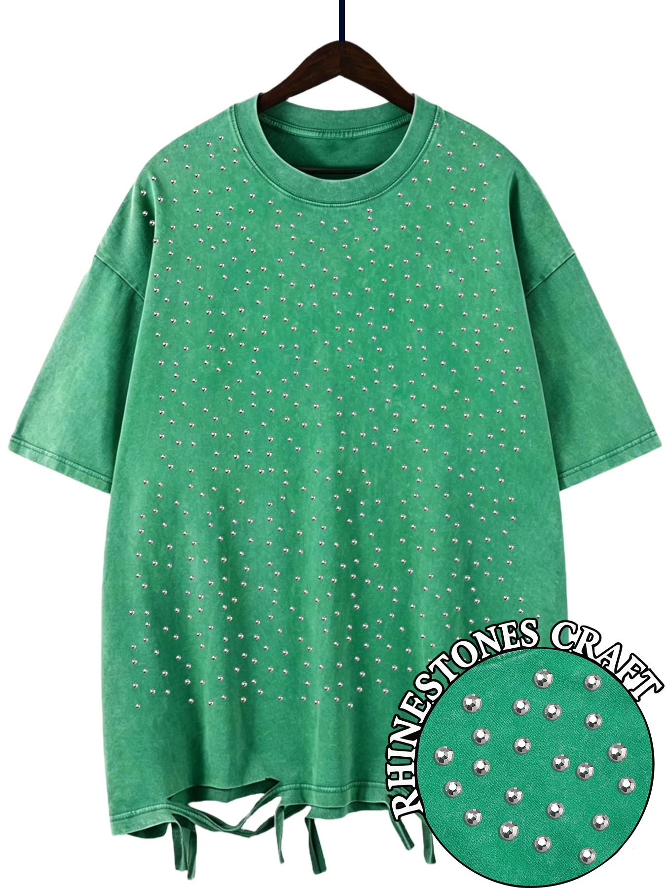 Solid Color Retro Rhinestone Craft Women Washed Holes T Shirt Cotton Soft T-Shirt Y2K Loose Tops Summer Comfortable Streetwear