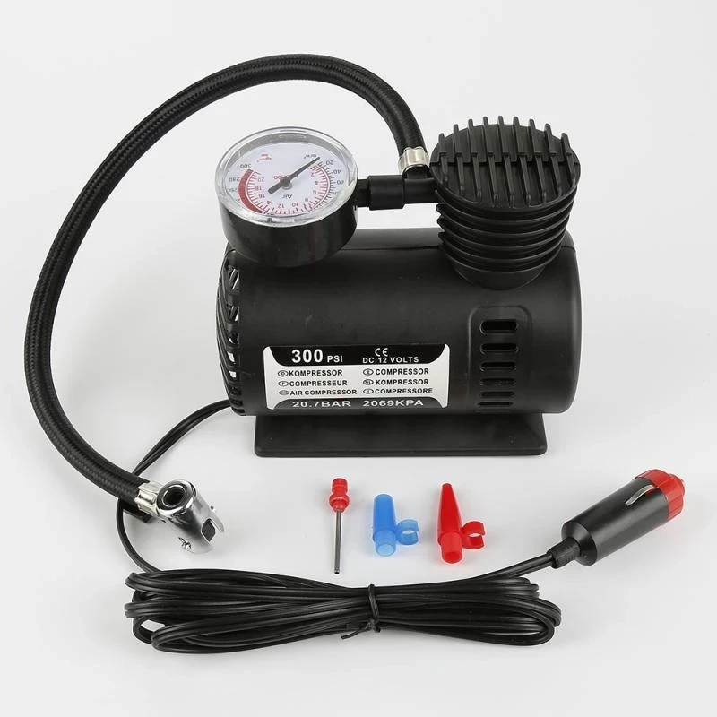 

Portable 300 PSI DC 12V Auto Car Mini Air Compressor Electric Tire Inflator Pump With Gauge And Inflation Tips Rubber Hose