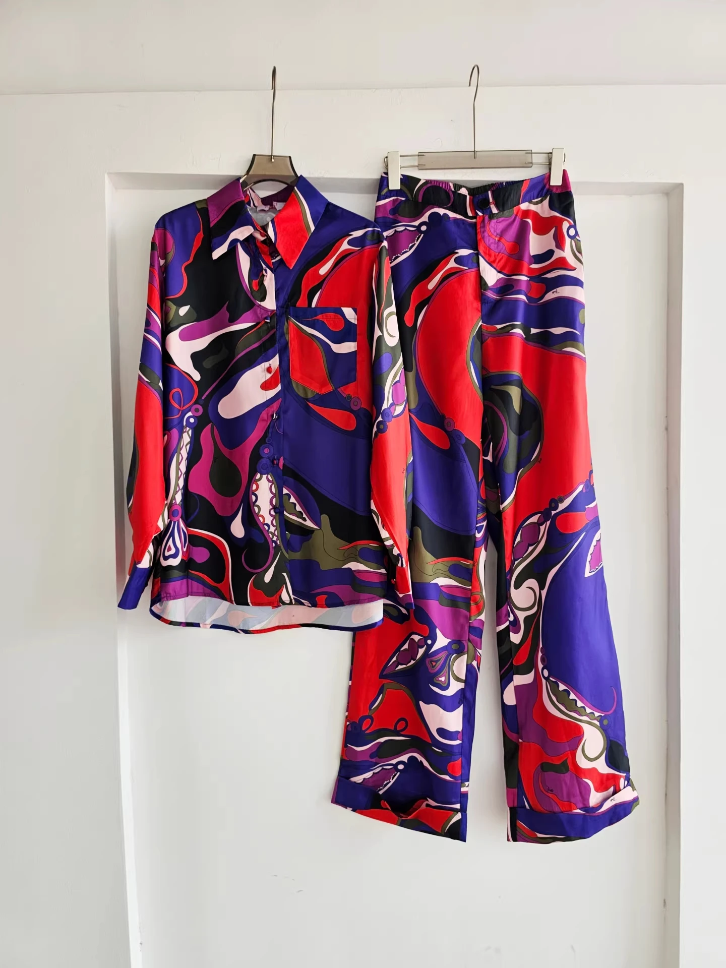 

Женский комплект Clothland с ретро-принтом, свободная рубашка с длинными рукавами, широкие брюки, весенне-летний комплект из двух предметов TA765