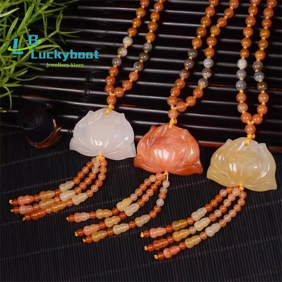 Natural Xinjiang Hotan Gold Silk Jade Lotus Sweater Chain Pendant Rope Men's and Women's Necklace Handmade Accessorie Jewellery