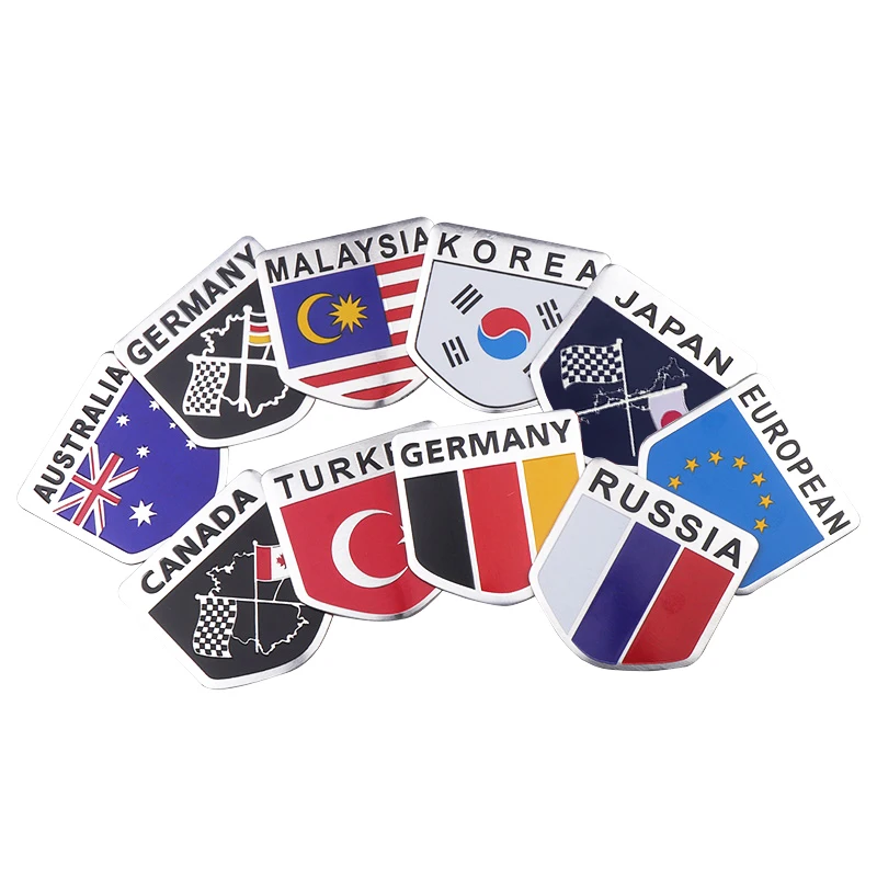 3D Shield Aluminum Germany Canada EU Turkey Malaysia Russia Korea Australia Flag Emblems Badge Car Tail Trunk Body Decor Sticker