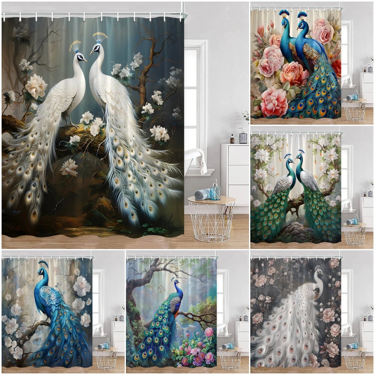 

Peacock Shower Curtain Beautiful Blue Bird Pink Flower Tree Chinese Style Elegant Bath Curtain Modern Bathroom Decor with Hook