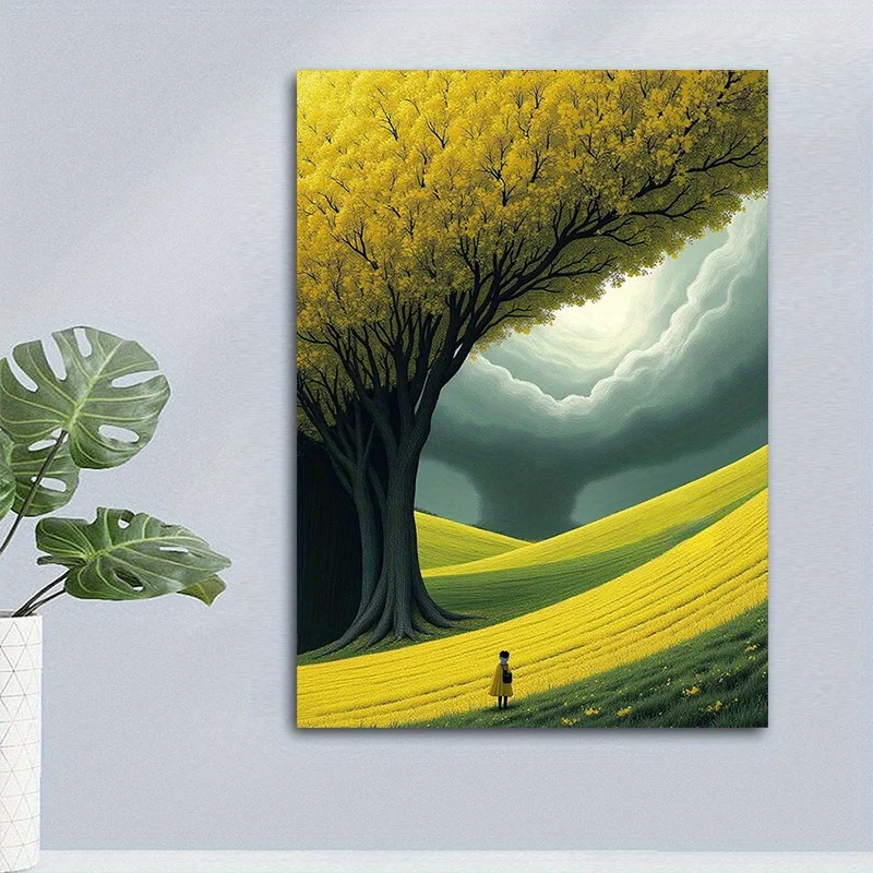 [2D Flat] Яркое настенное искусство на холсте в стиле природы — спокойный пейзаж с пышными деревьями и свернутыми сверлами, безрамное, идеально подходит для H