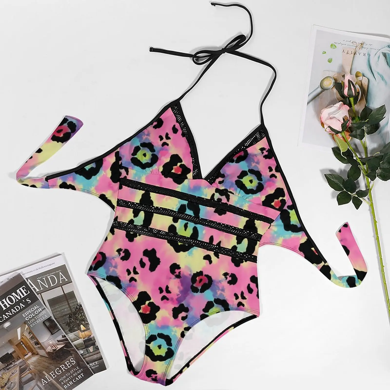 Traje de baño rosa Tie Dye, traje de baño Sexy con estampado de animales para mujer, traje de baño de una pieza a la moda, ropa de playa de corte alto con realce para playa