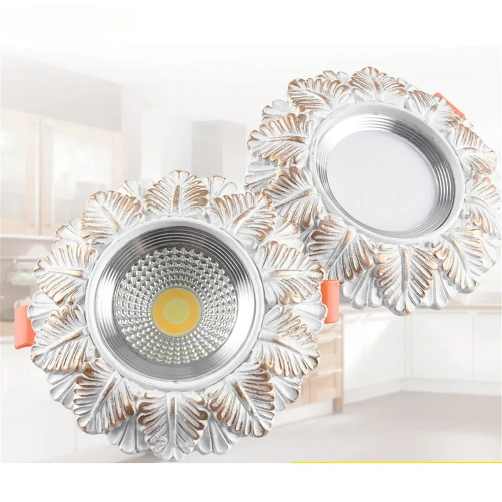 European-Style White Leaf Pattern Resin Led Ceiling Lamp For Living Room Corridor Opening 9Cm Recessed Spotlights Art Loft Decor