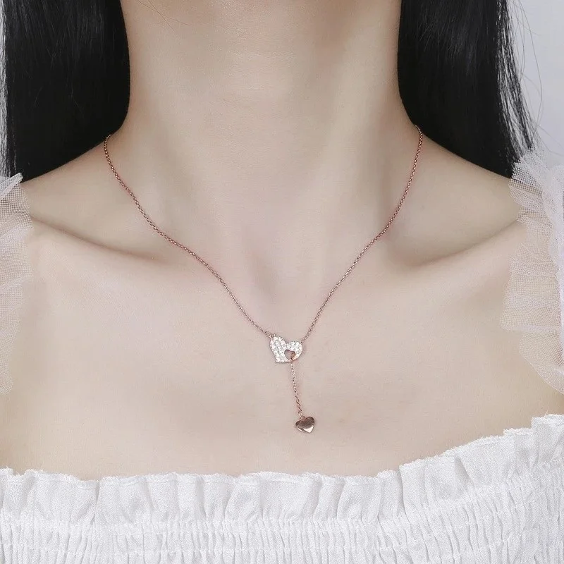 Hot-Seller CZ Heart Lariat Necklace Y-shaped Drop Heart Pendant Necklace Women Romantic Double Love Daily Jewelry