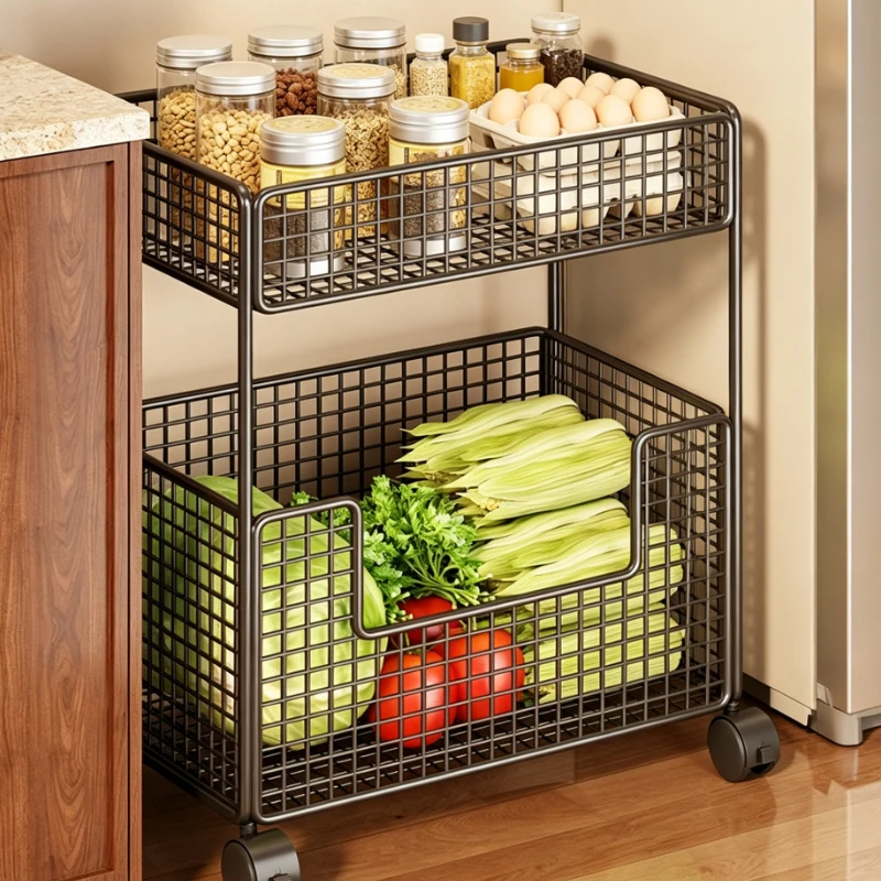 2 Tier Rolling Storage Cart Kitchen Organizer Basket with Wheels for Vegetables Fruits Snacks Narrow Gap Cabinet Shelf