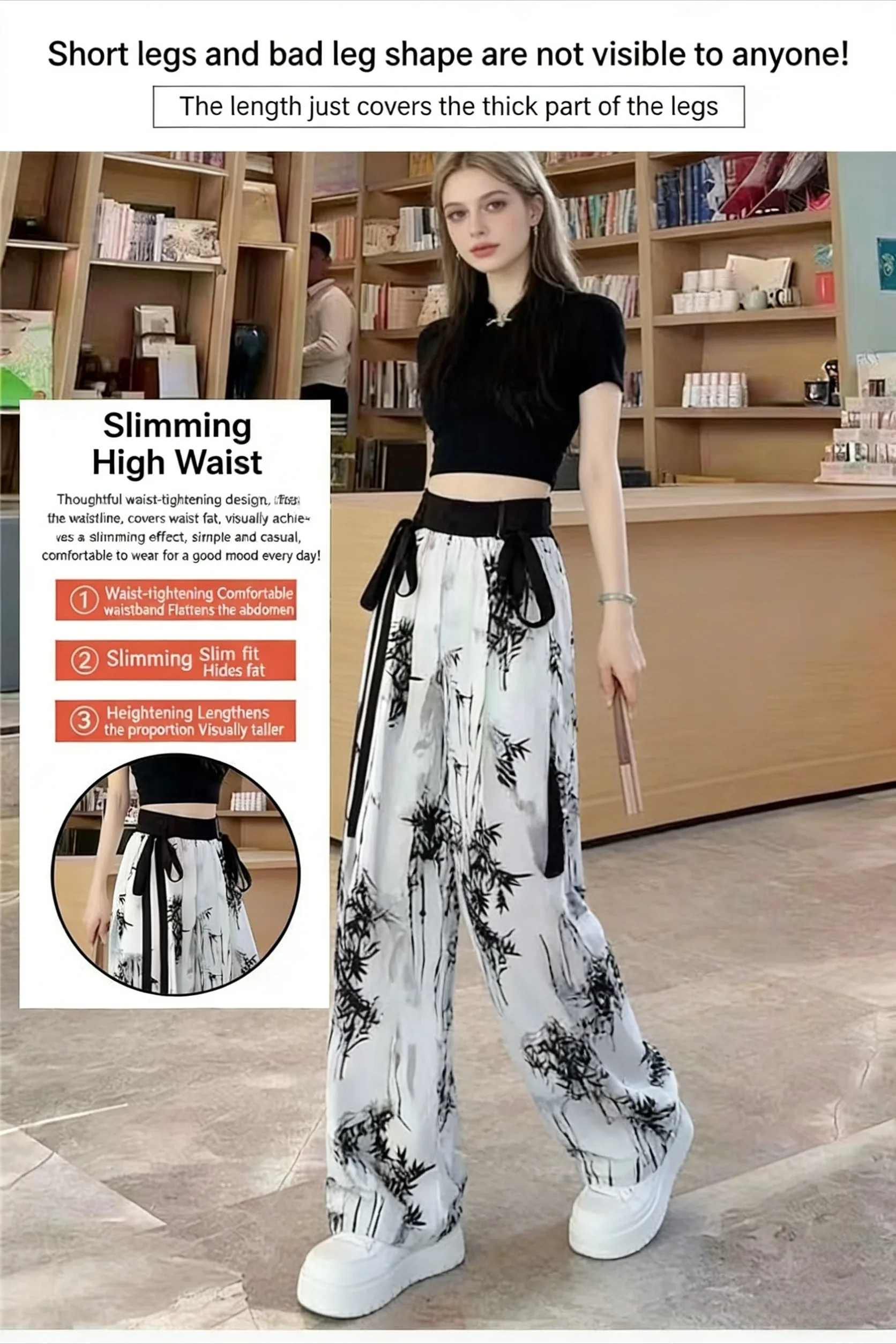 Ink Painting Printed High Waisted Wide Leg Pants for Women Summer Thin Chiffon Streamers Loose Casual Floor Mopping Pants