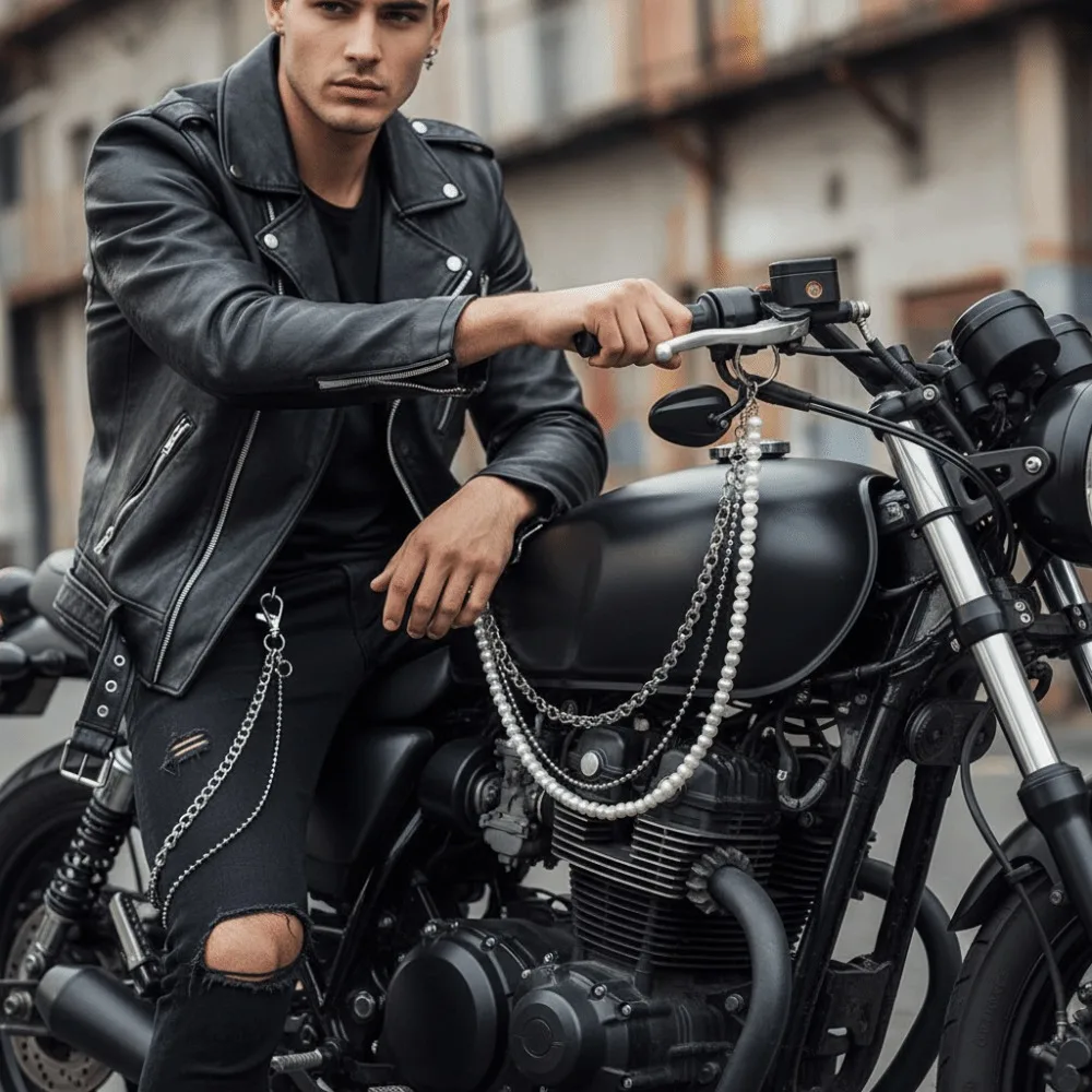 Catena in vita con perle irregolari Catena portachiavi da strada punk a strati rock Y2K Moon Star Biker Pantaloni Catena Accessori di abbigliamento