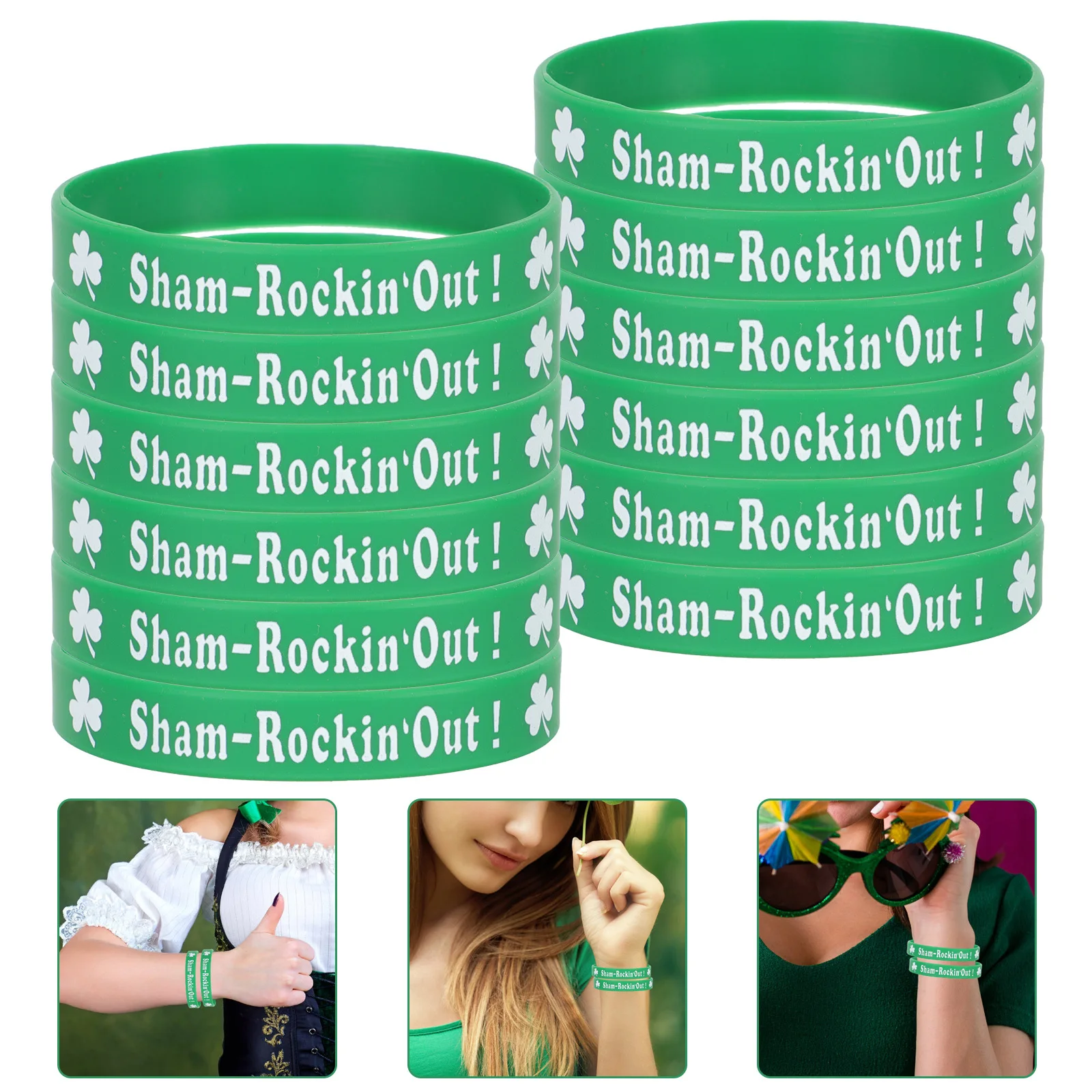 

12pcs Silicone Wristbands Shamrock Bracelets For St Patrick'S Day Party Favors School Gifts Green Elastic Bracelets For Men