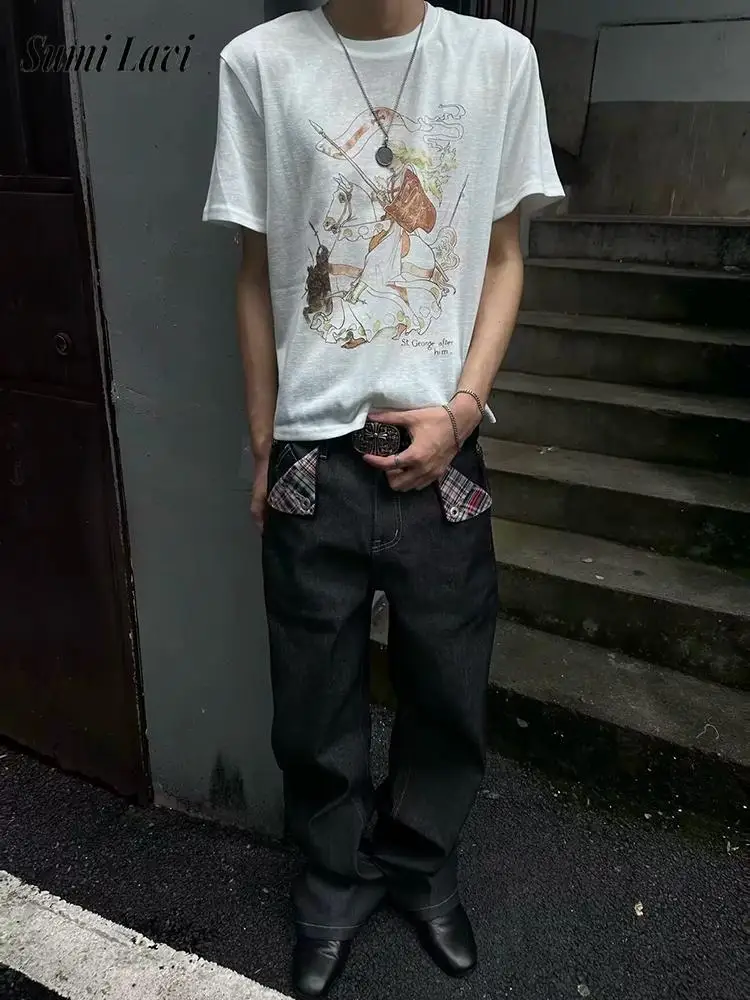 Daily Casual Contrast Color Washed Jeans Pants Mens Trendy Solid Color Straight Trousers Men 2026 Spring Fall Leisure Jeans