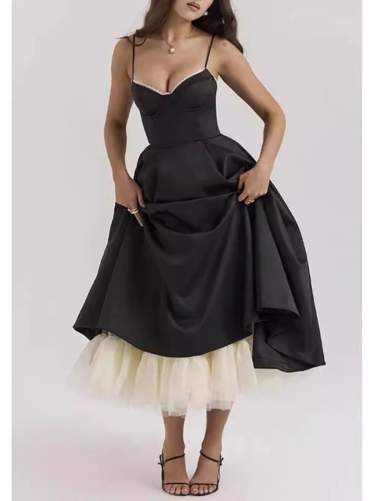 Vestido Sexy Slim de Renda com Alças Duplas Camadas Fresco e Doce Cintura Alta em Poliéster Longo Sem Mangas para Verão e Out...