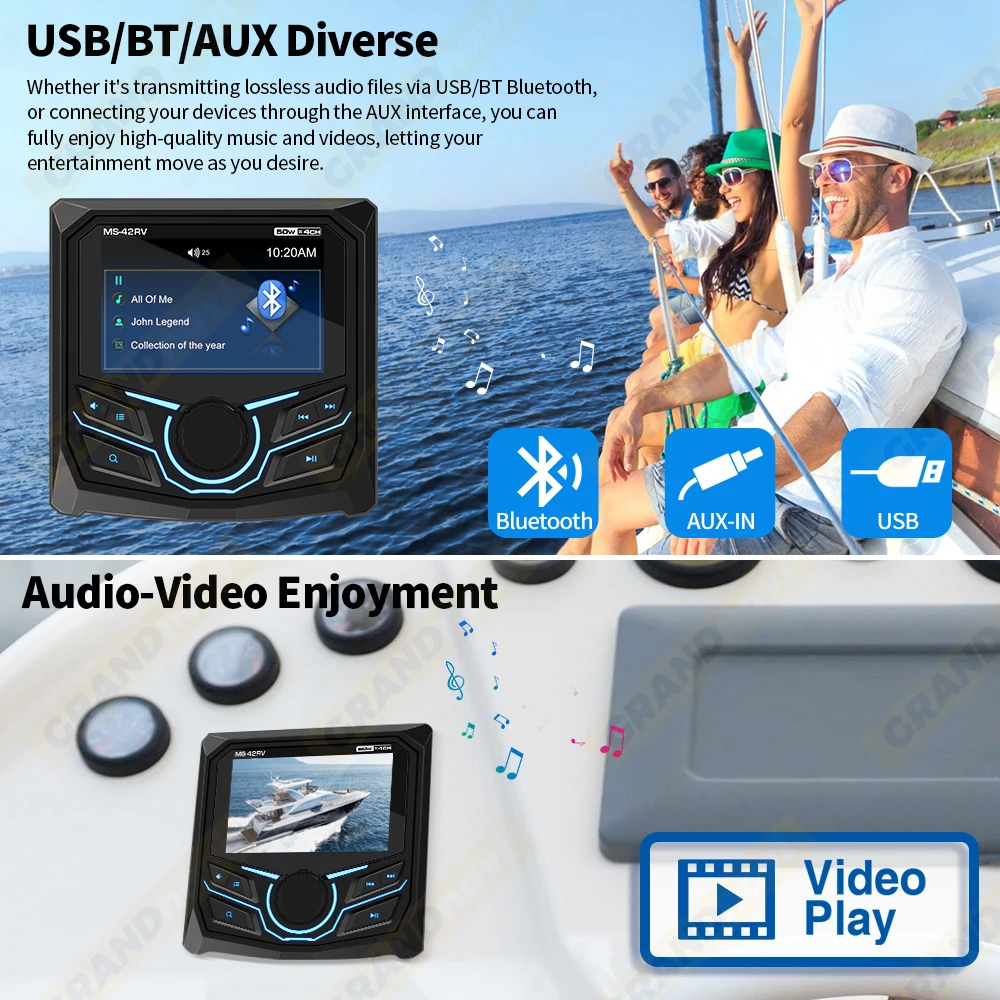 For RV Radio MP5 Player Marine Radio Boat Stereo FM AM Media Audio Player Bluetooth IPX5 Waterproof For Yacht ATV UTV Golf Cart