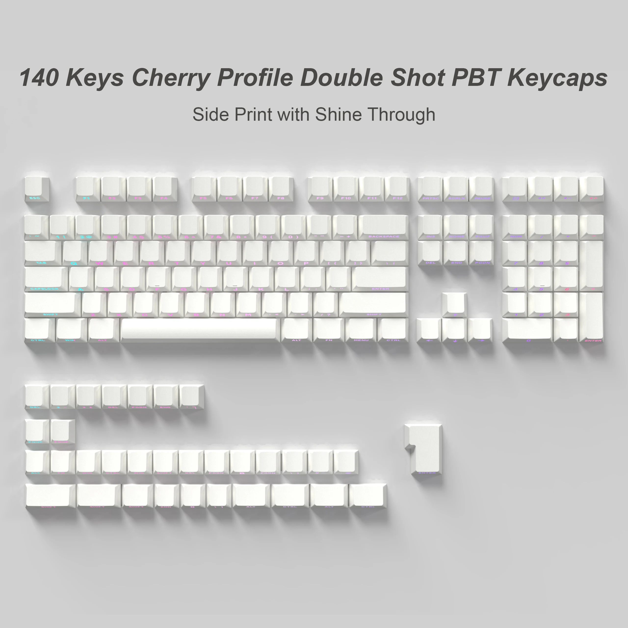 140 Keys RGB Backlit PBT Keycaps Cherry Profile Side Printed Shine Through Keycaps for Gateron MX Switches Mechanical Keyboard