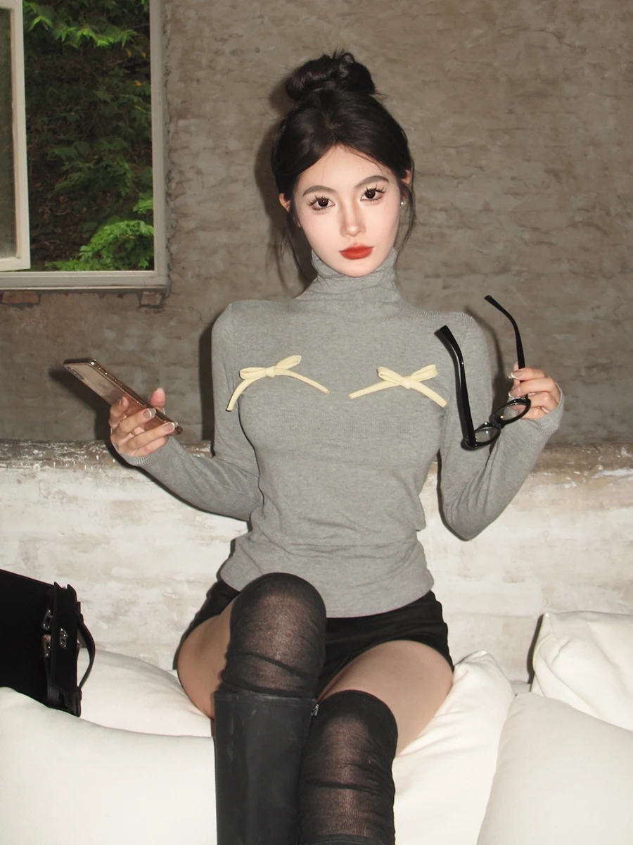 REDDACHiC Detachable Bow Brooch Sweater Women Casual Solid Turtleneck Long Sleeves Jumper Fitted Knitted Top Korean Streetwear