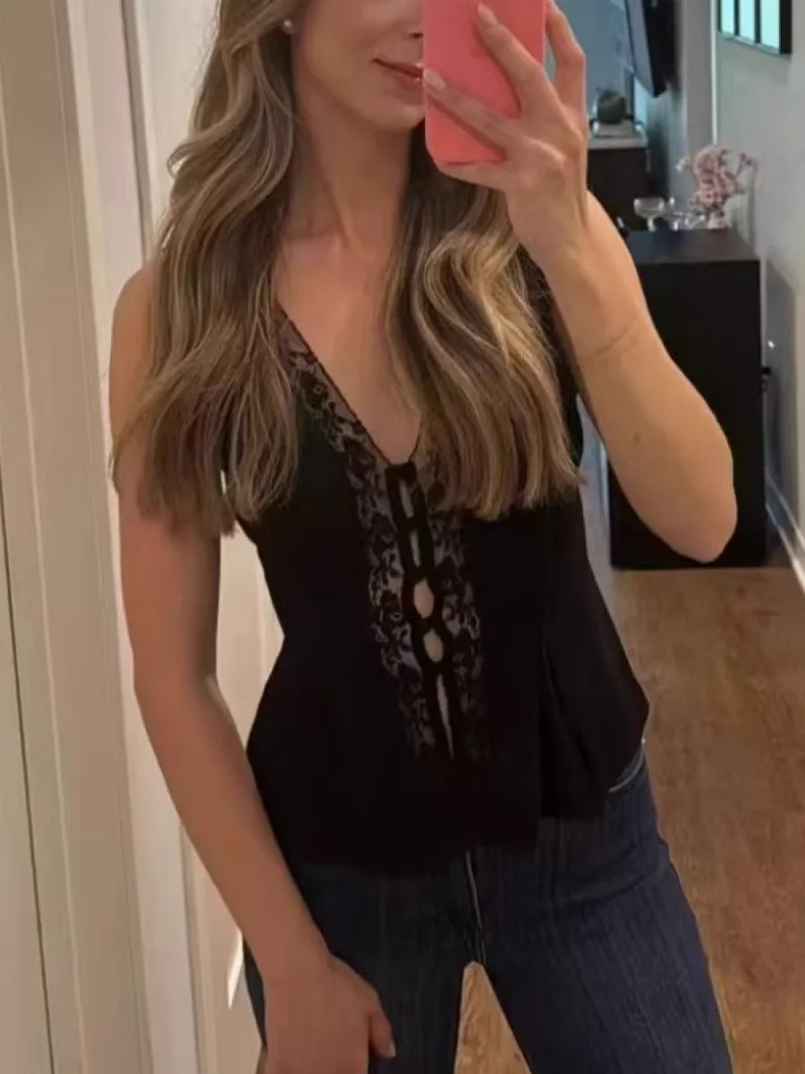 

Lace Embroidery Patchwork Women Linen Vest Summer 2025 V-Neck Single Breasted Sleeveless 2 Colors Female Tank Tops
