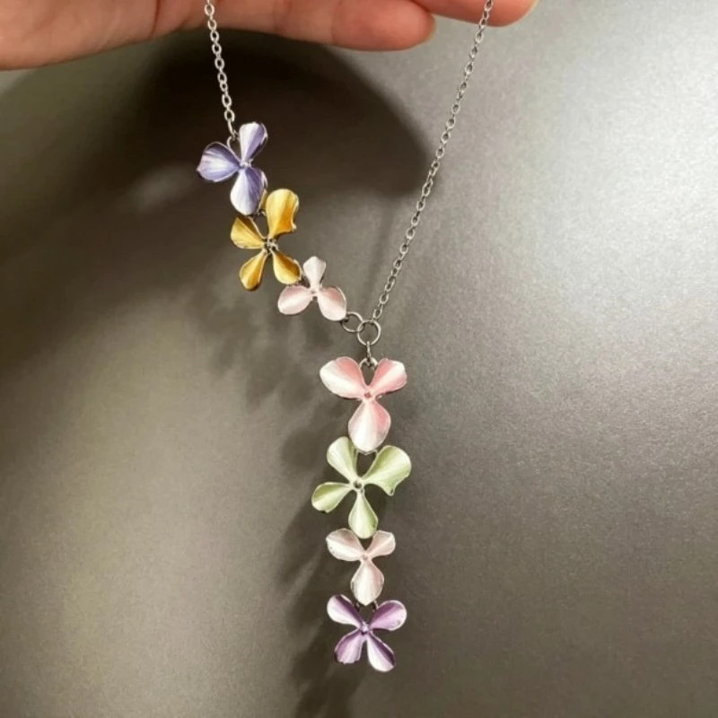 Vintage Tassel Colorful Flower Y-shaped Pendant Necklace for Women Fashion Elegant Clavicle Chain Wedding Party Jewelry Gift