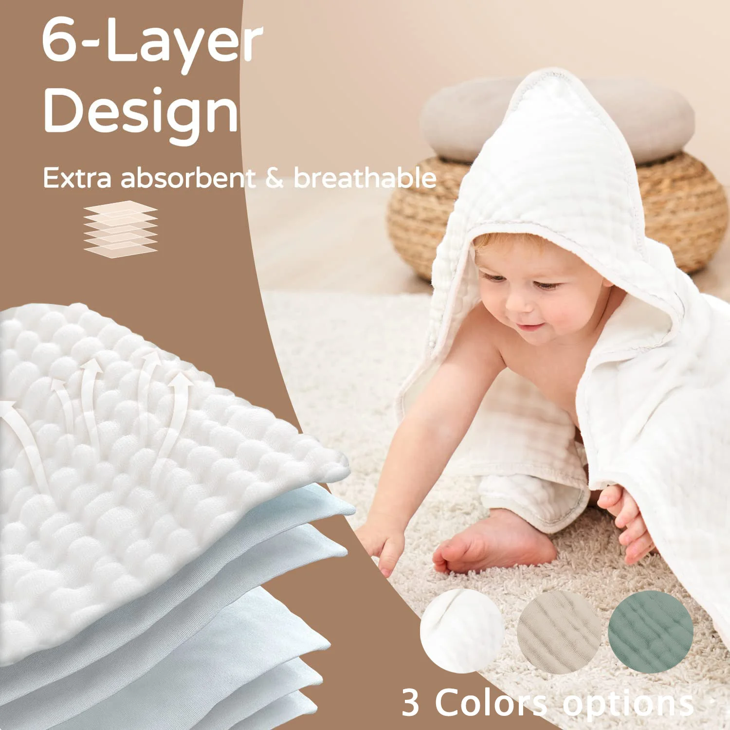 2pcs Baby Bath Hooded Towels 35*35inch 100% Muslin Cotton Newborn Hooded Towel with Hood for Babies, Infant, Toddler and Kids