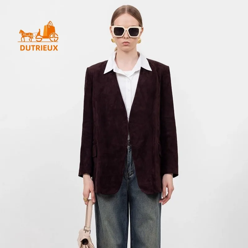 Giacca in vera pelle con scollo a V in pelle scamosciata da donna nuova autunno, vera pelle di pecora al 100%, cappotto da donna slim fit elegante e alla moda