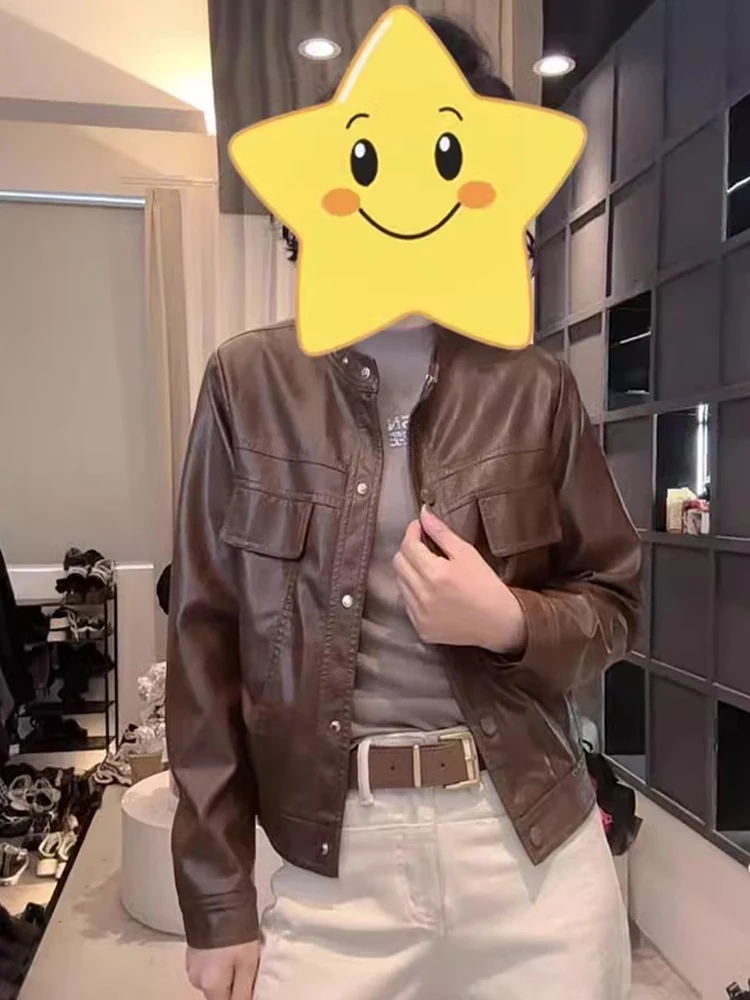 Jaqueta de Couro Retro Casual para Mulheres, Design Único, Com Botões Decorativos, Estilo Slimming para Primavera