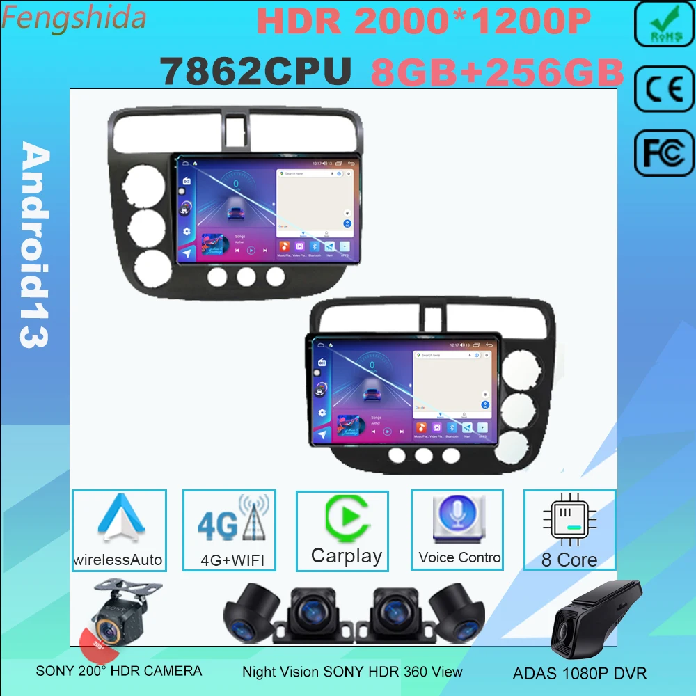 

Android 13 For Honda Civic Sedan 7 ES Ferio 2001-2005 Multimedia Player GPS auto radio stereo QLED 4G LTE WiFi Head Unit 7862CPU