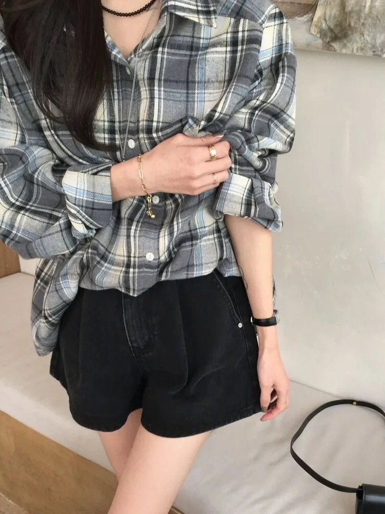 

Ele Ladies Long Sve Loose Fit irt Korean Sle Button up Collar Trendy Cheered Print Autumn Faion Women's Top