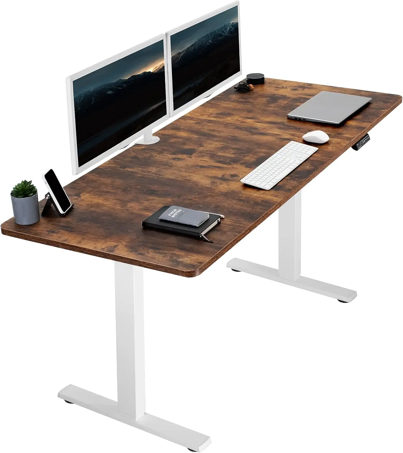 Electric 71 x 30 inch country standing desk workstation with memory controller height adjustment, retro brown top white frame