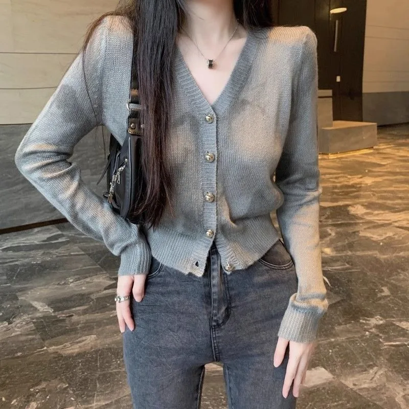 Tie Dye Short Cardigans V Neck Korean Fashion Spring Autumn Vintage Women Sweaters Versatile Elegant Knit Sueter Mujer