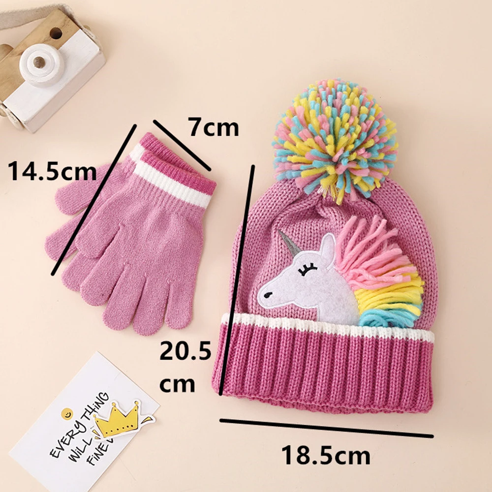 Children\'s Winter Caps Cartoon Unicorn Knitted Hat Gloves Set Winter Girls\' Warm Beanie Mitten Set For Kids 2-6 Years