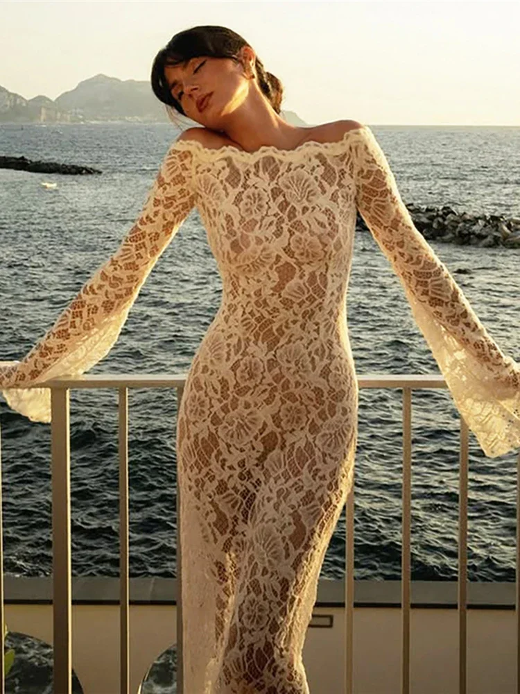 Chaxiaoa Sexy Jacquard Mesh Jurk Vrouwen Wave Slash Hals Flare Mouw Kant Elegante Avond Verjaardag Prom Party Skinny Bodycon