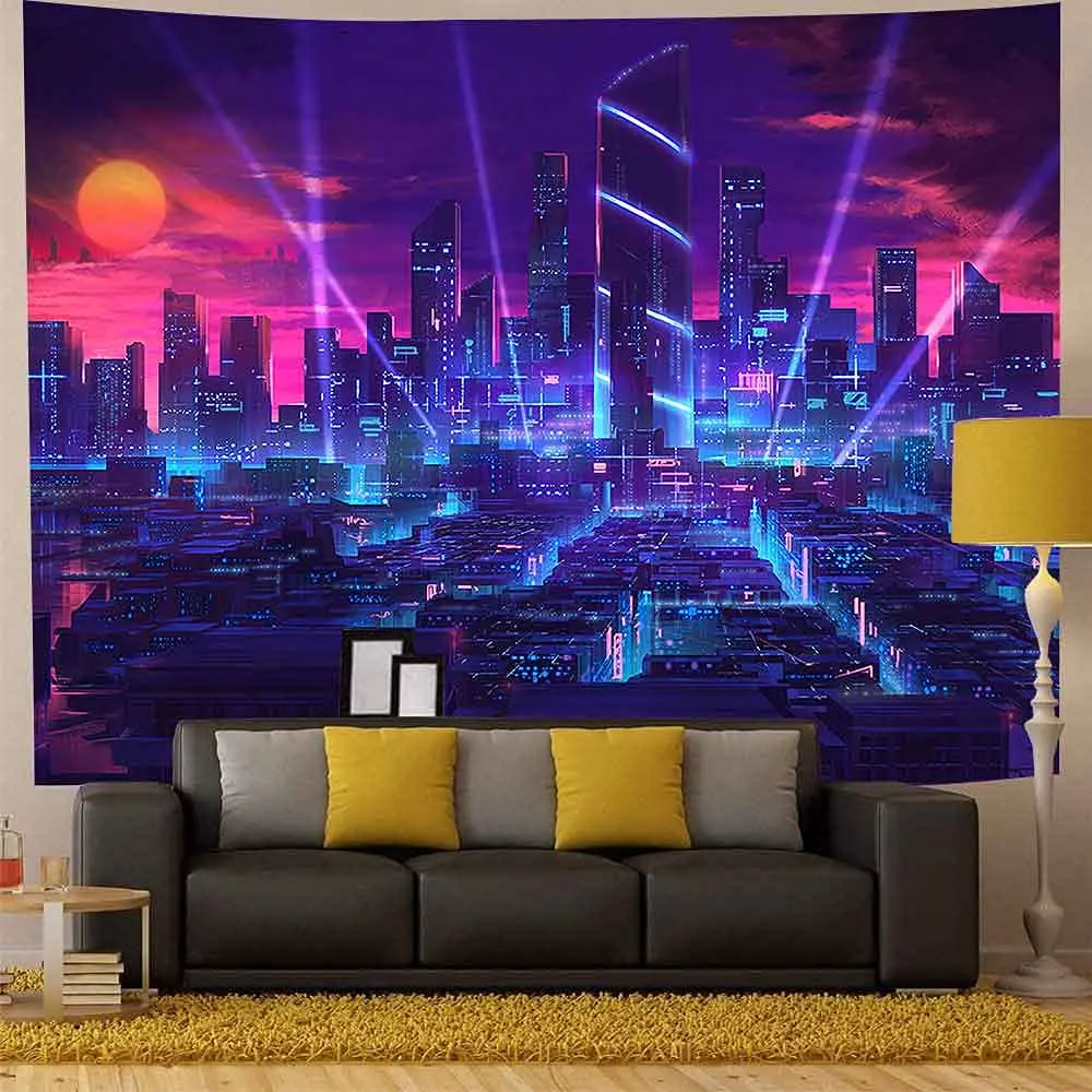 Fantasy Punk Neon Streetscape Futuristic Tapestry Wall Hanging Cityscape Tapestries Blanket Art Bedroom Home Living Room Dorm