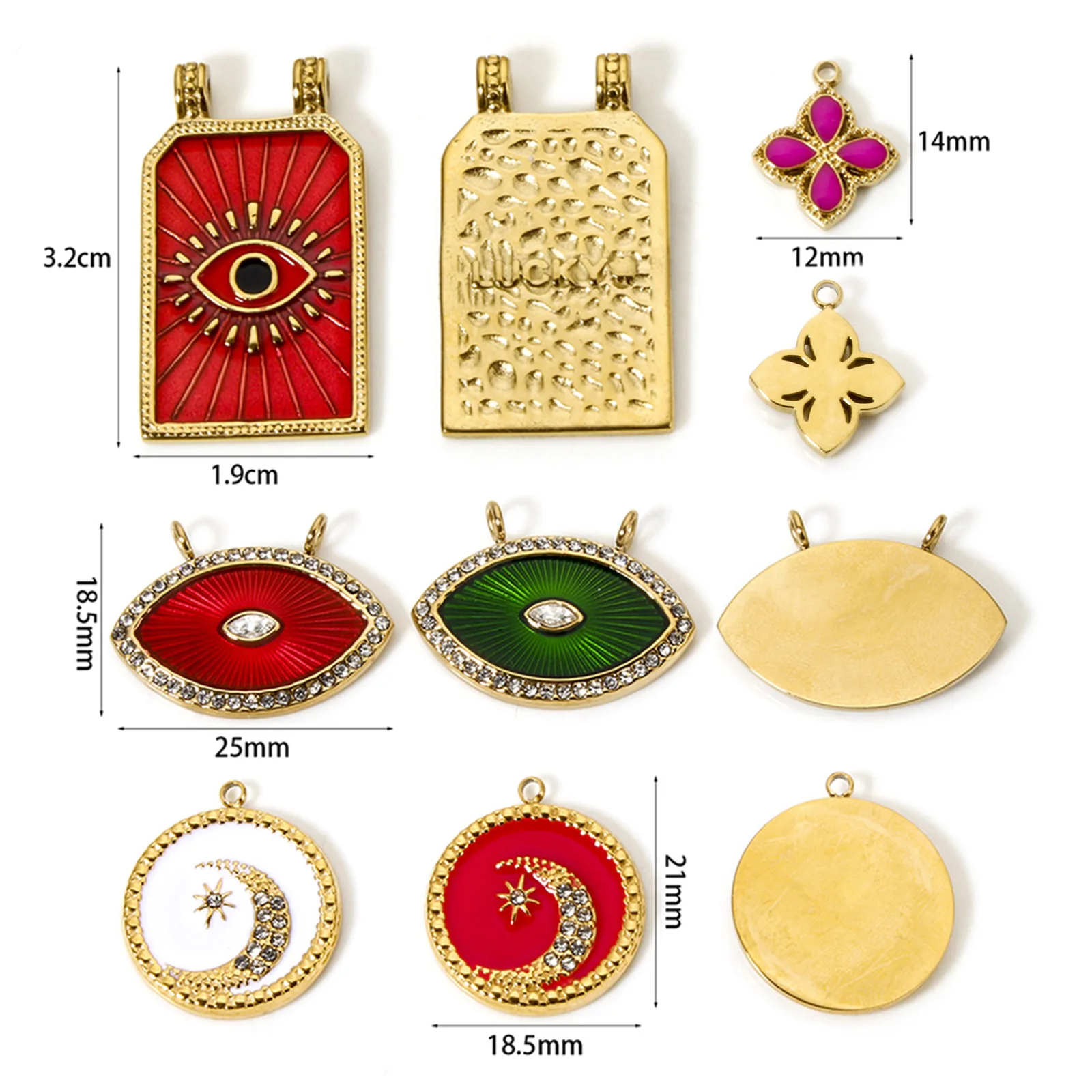 1 Piece Rhinestone Evil Eye Pendant 14K Real Gold Plated Stainless Steel Geometric Moon Charms For Jewelry Making DIY Finding