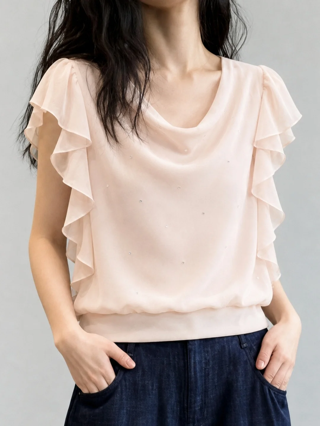 

Elegant Slimming Fashionable Summer T-Shirt Lightweight Flounce Sleeve Comfortable round Neck Korean Style Silk Women's Top