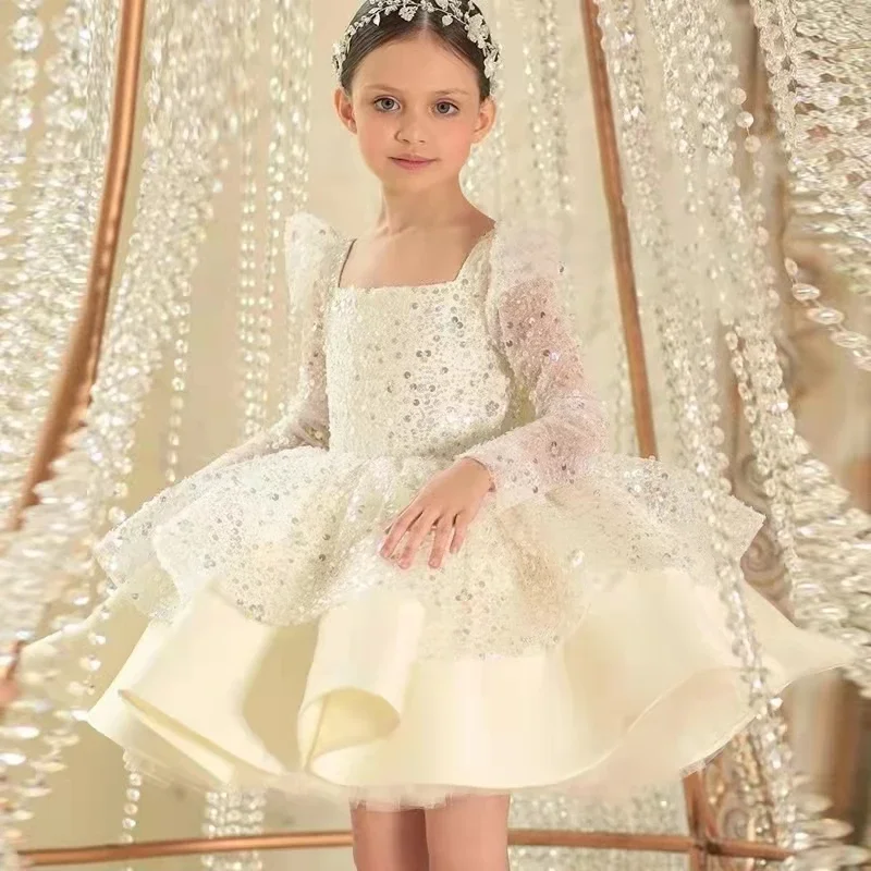 White Glitter Illusion Lush Girl Party Dresses Layers Puffy Girl Princess Dress Shiny luxurious Birthday First Communion Dresses