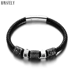 HMSFELY Vintage Black Bracelet Titanium Red Leather Bracelets Bangles Jewelry Clasp Cuff Bracelet for Gift