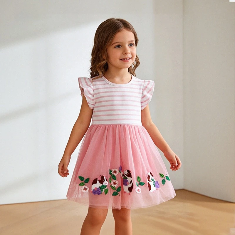 2026 Spring And Summer New Children's Lotus Leaf Sleeve Dress with Animal Embroidery Girls' Striped Round Neck Mesh Dress